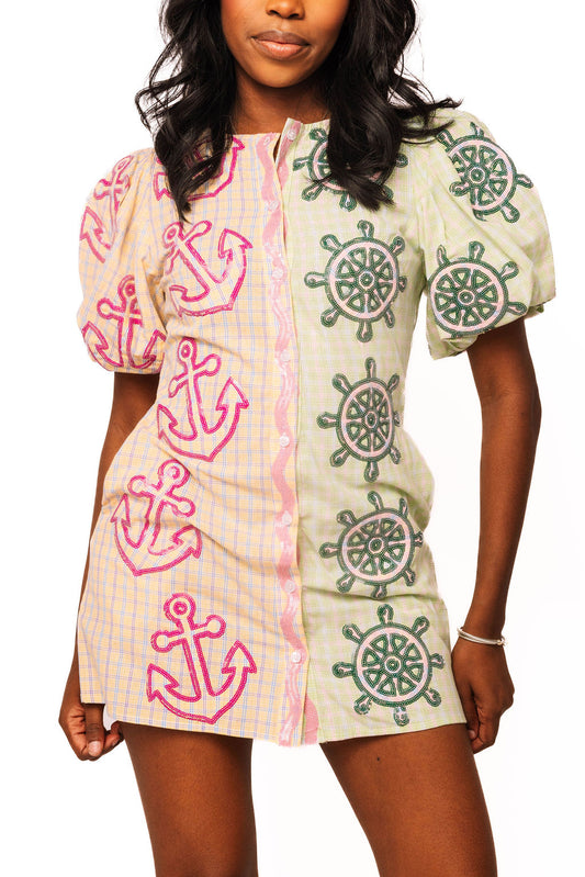 QOS Colorblock Plaid Anchor Button Up Poof Sleeve