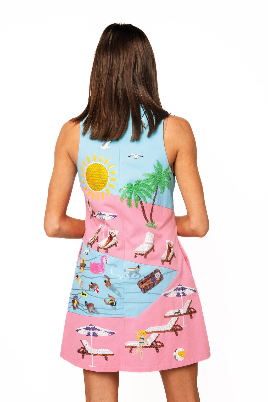 QOS Blue & Pink Colorblock Pool Scene Tank Dress