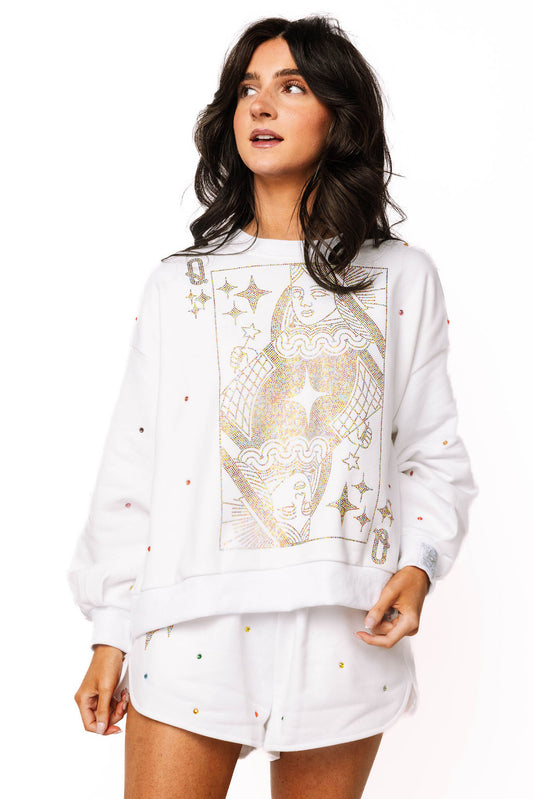 QOS White Rainbow Scattered Rhinestone QOS Card Sweatshirt