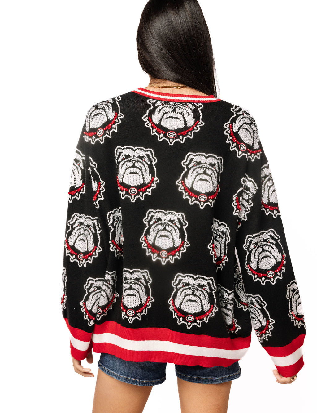 QOS Licensed UGA Knit In Rhinestone Sport Stripe Sweater