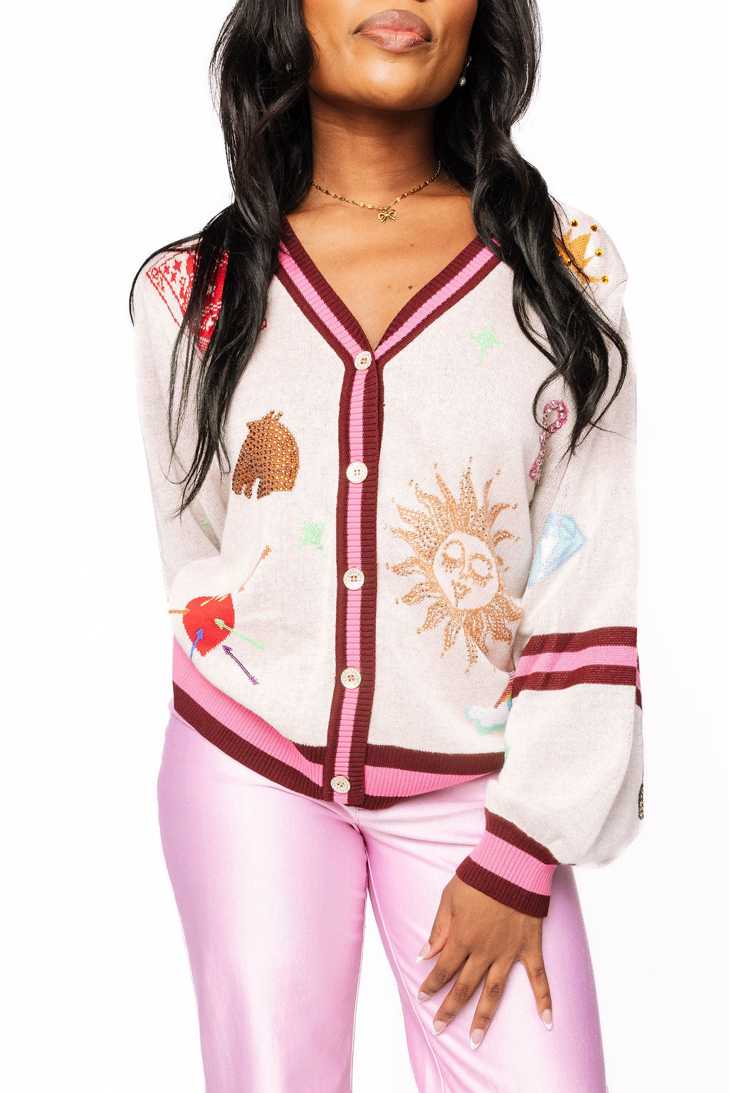 QOS Multi Icon Button Up Cardigan