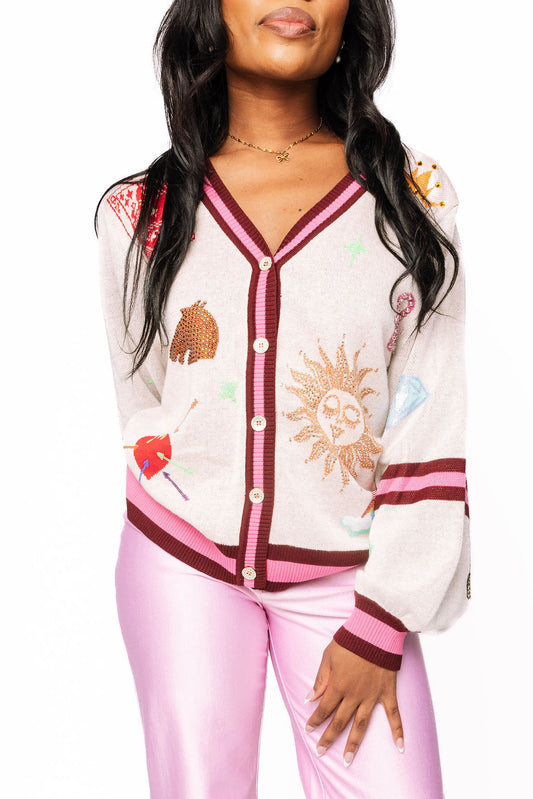 QOS Multi Icon Button Up Cardigan