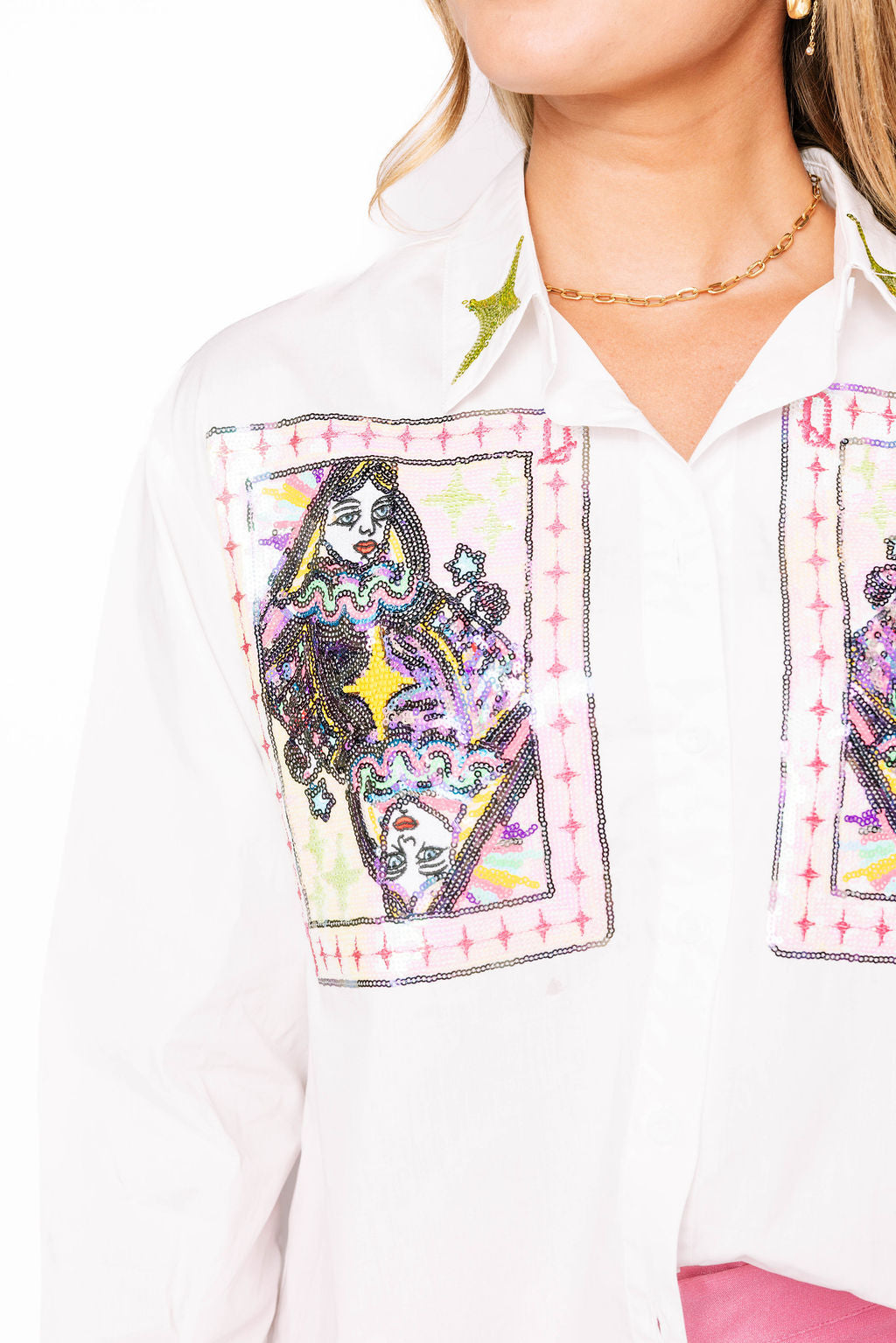 QOS White Queen Card Button Up