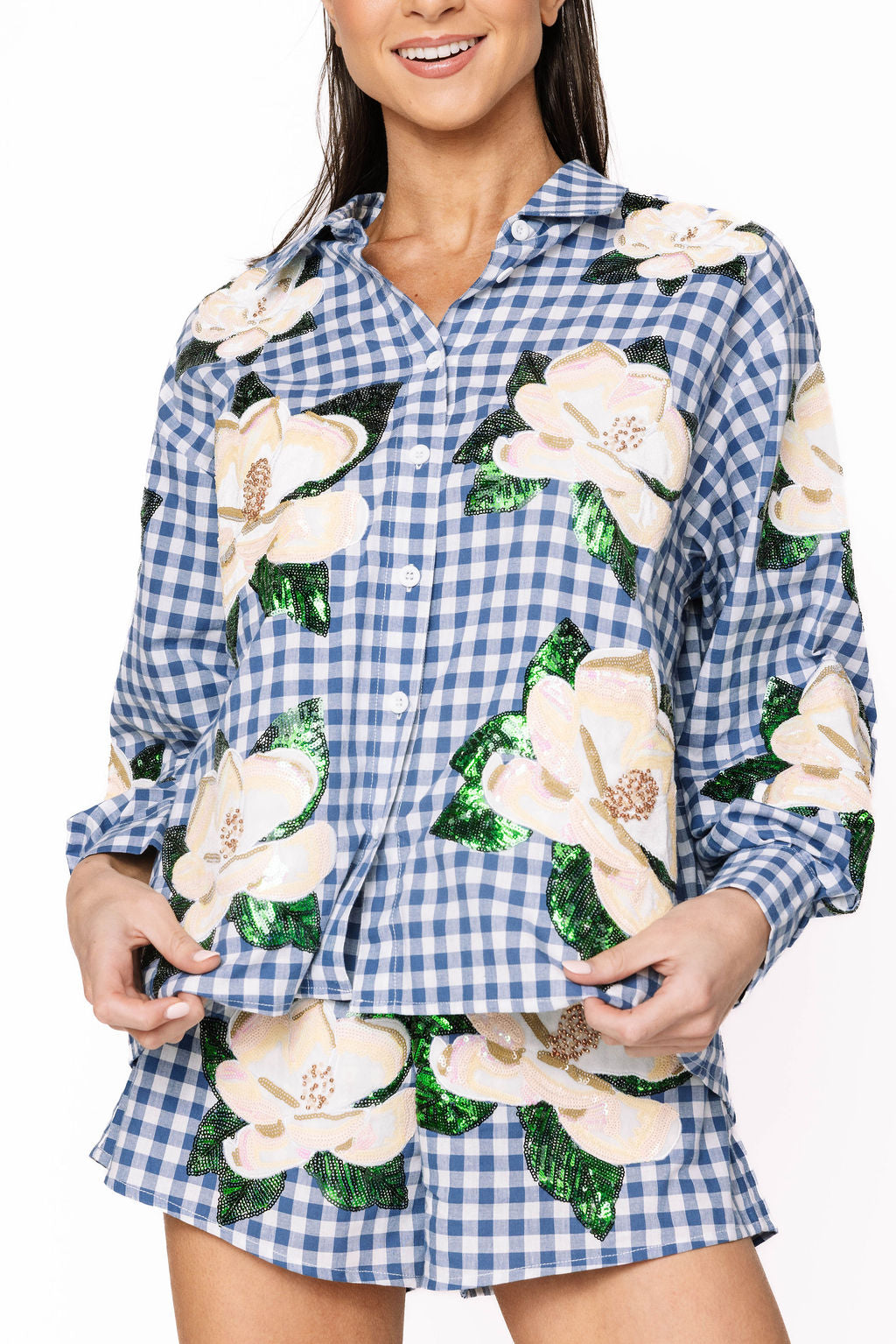 QOS Blue & White Scattered Magnolia Button Up