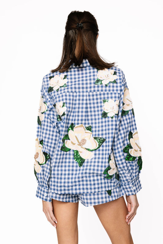 QOS Blue & White Scattered Magnolia Button Up