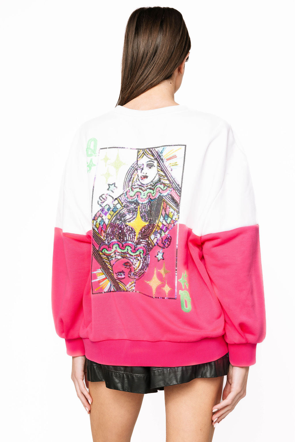 QOS White & Pink Color Block Logo Card Sweatshirt